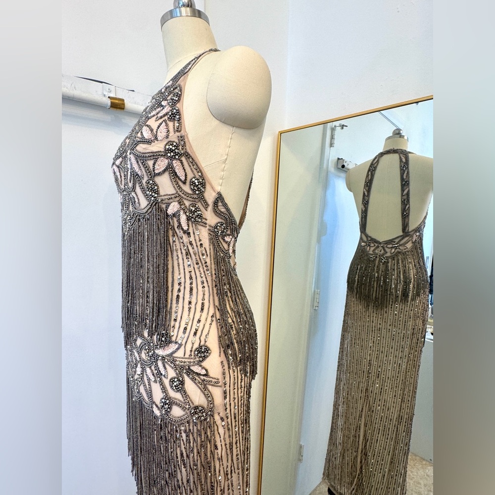 Heavily Beaded Halter Gown – Open Back Sheer Fringe Maxi Dress Glam Formal - Picture 6 of 12